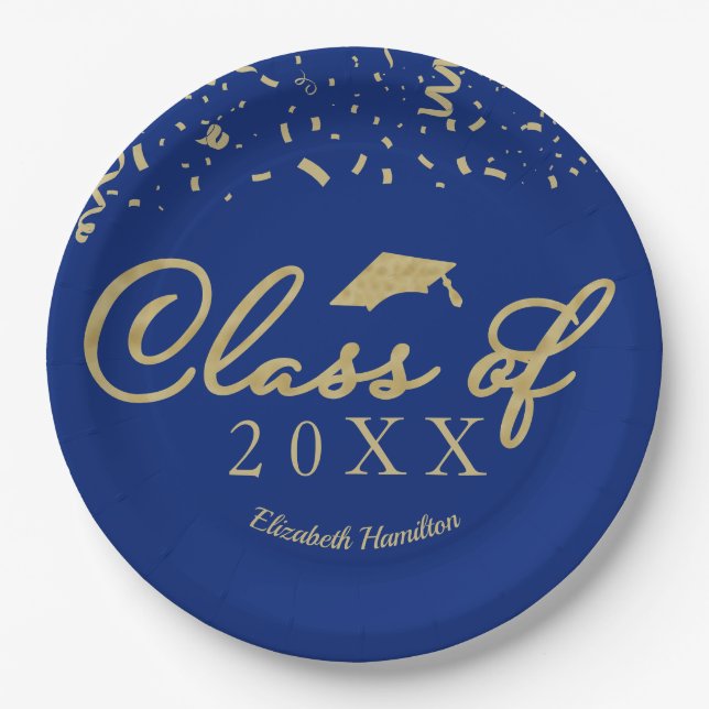 Class Of 2021 Gold Script Graduation Party Blue Paper Plate (Front)