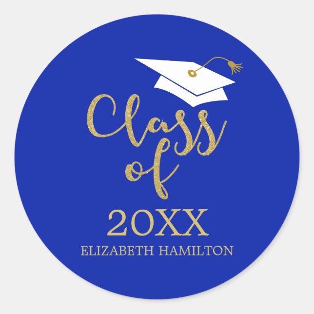 Class of 2021 Grad Cap Gold Glitter Calligraphy  C Classic Round Sticker (Front)