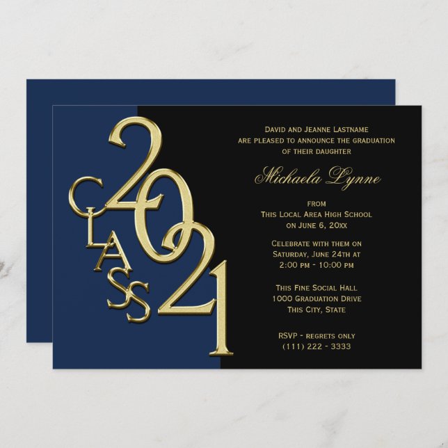 Class of 2021 Grad Gold with Colour Option Invitation (Front/Back)