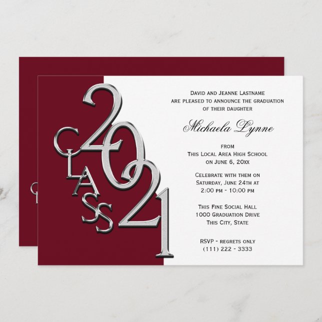 Class of 2021 Grad Silver and Burgundy Invitation (Front/Back)