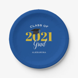 Class of 2021 Grad Simple Blue and Gold Paper Plate