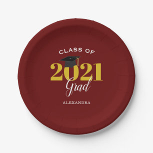 Class of 2021 Grad Simple Maroon and Gold Paper Plate