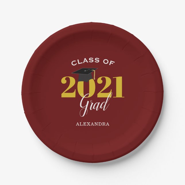 Class of 2021 Grad Simple Maroon and Gold Paper Plate (Front)