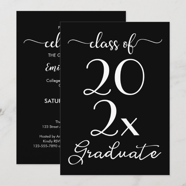 Class Of 2021 Graduation Chic Black & White Script Invitation (Front/Back)