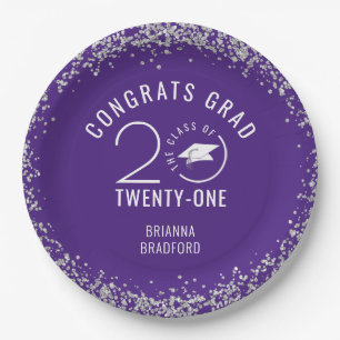 CLASS OF 2021 Graduation Silver Glitter Purple Paper Plate