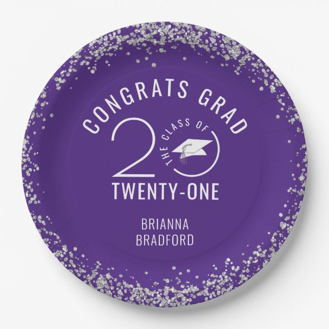 CLASS OF 2021 Graduation Silver Glitter Purple Paper Plate (Front)