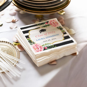 Class of 2021 Graduation Watercolor Floral Stripes Napkin