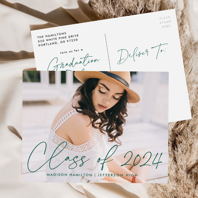Class of 2021 Green Script Photo Graduation Party Invitation Postcard (Creator Uploaded)