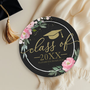 Class Of 2021 Hot Pink Floral Grad Party Black Paper Plate