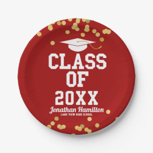 Class Of 2021 Red Gold Confetti Graduation Party  Paper Plate