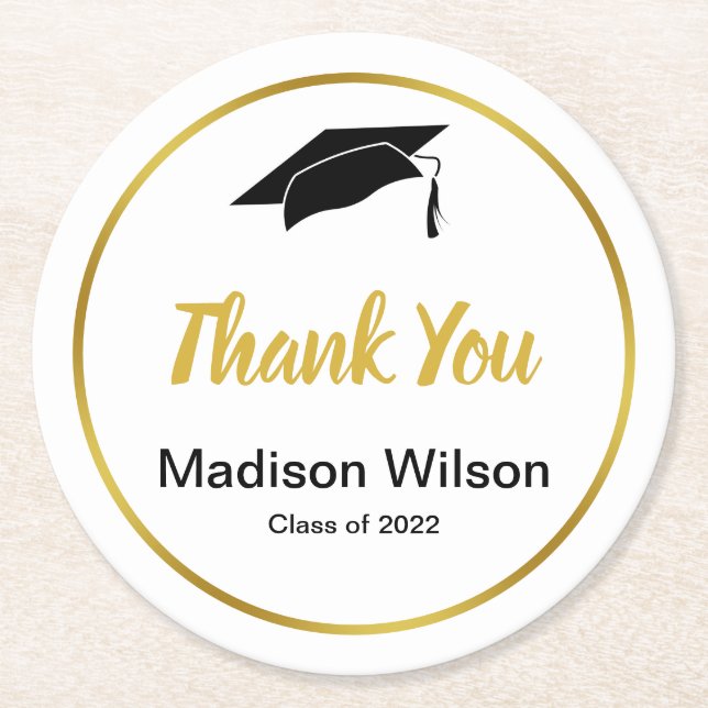 Class of 2022 Black White and Gold Grad Thank You Round Paper Coaster (Front)