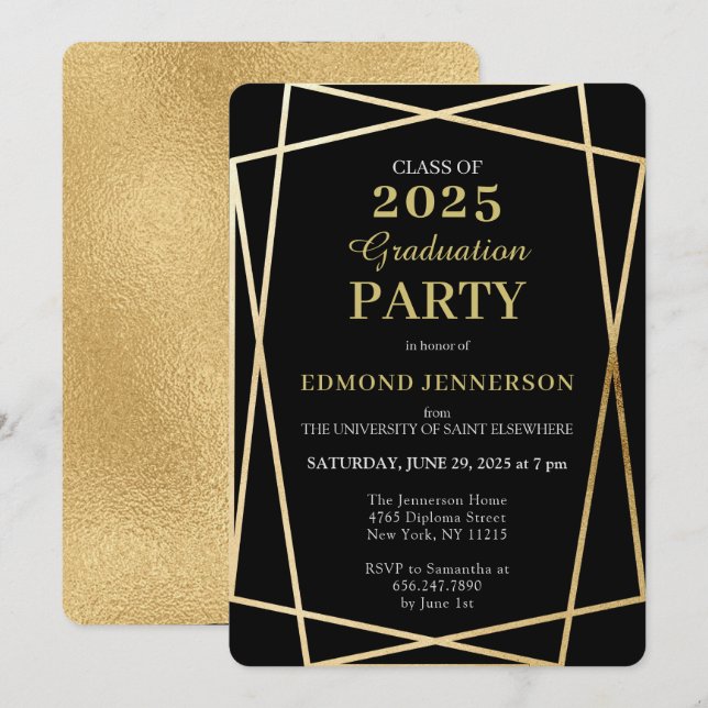 Class of 2022 Elegant Black Gold Geometric  Invitation (Front/Back)
