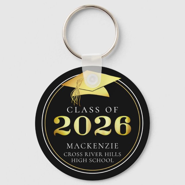 Class of 2022 Elegant Black Gold Personalised Key Ring (Front)