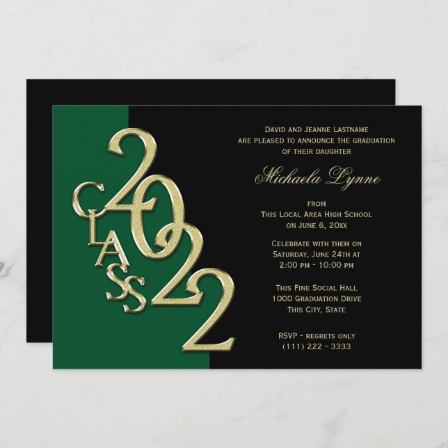 Class of 2022 Grad Gold and Green Invitation (Front/Back)