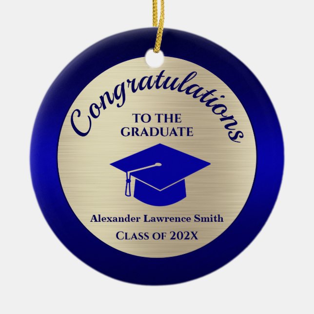 Class of 2022 Graduation Blue Gold Photo  Ceramic Tree Decoration (Front)