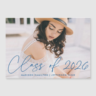Class of 2022 Modern Blue Script Photo Graduation Magnetic Invitation