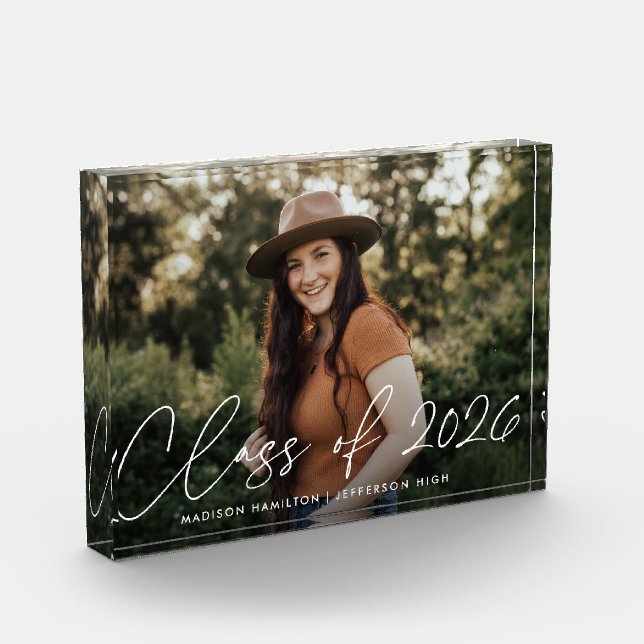 Class of 2022 Modern White Script Graduation Photo Block (Left)