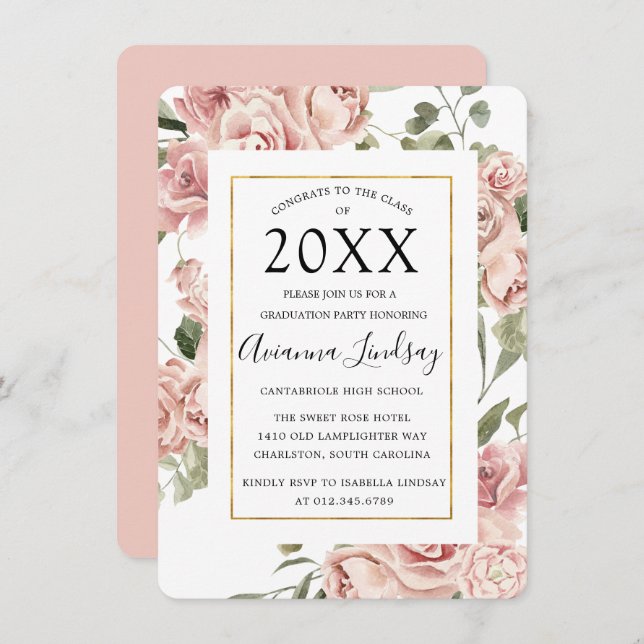 Class of 2022 Pink Floral Graduation Pretty Rustic Invitation (Front/Back)