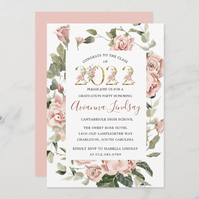 Class of 2022 Pink Rose Floral Graduation Invitati Invitation (Front/Back)