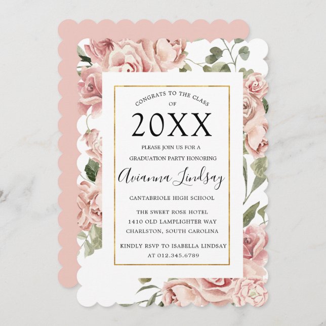 Class of 2022 Pink Rose Floral Graduation Invitation (Front/Back)
