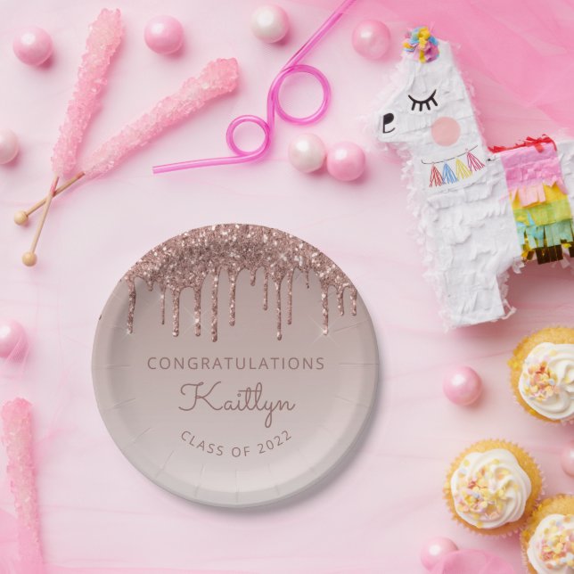 Class of 2022 Rose Gold Glitter Drip Graduation Paper Plate (Party)