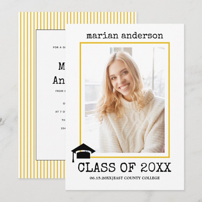 Class of 2022 typewriter yellow graduation photo invitation (Front/Back)