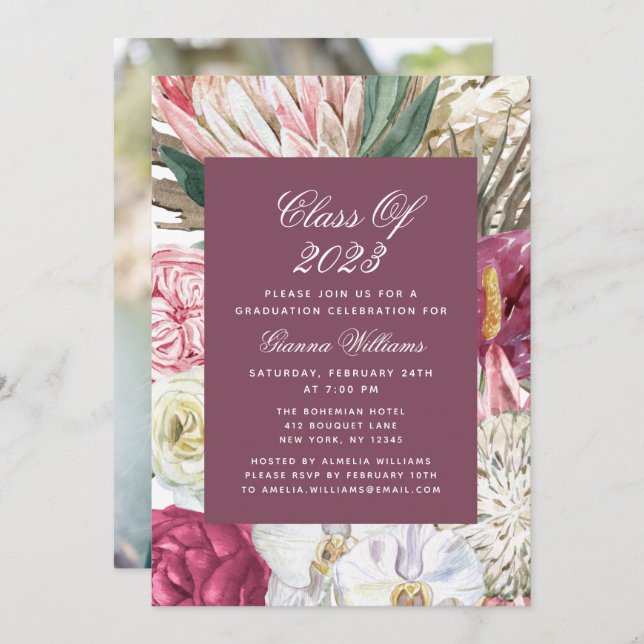 Class of 2022 Watercolor Floral Photo Graduation Invitation (Front/Back)