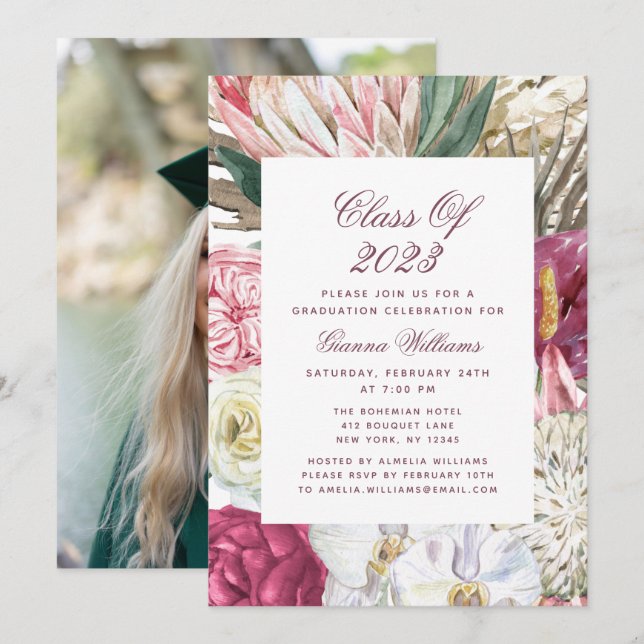 Class of 2022 Watercolor Floral Photo Graduation Invitation (Front/Back)
