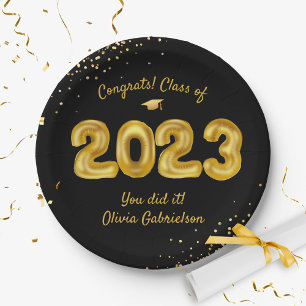 Class of 2023 Balloon, Black Gold Graduation Party Paper Plate