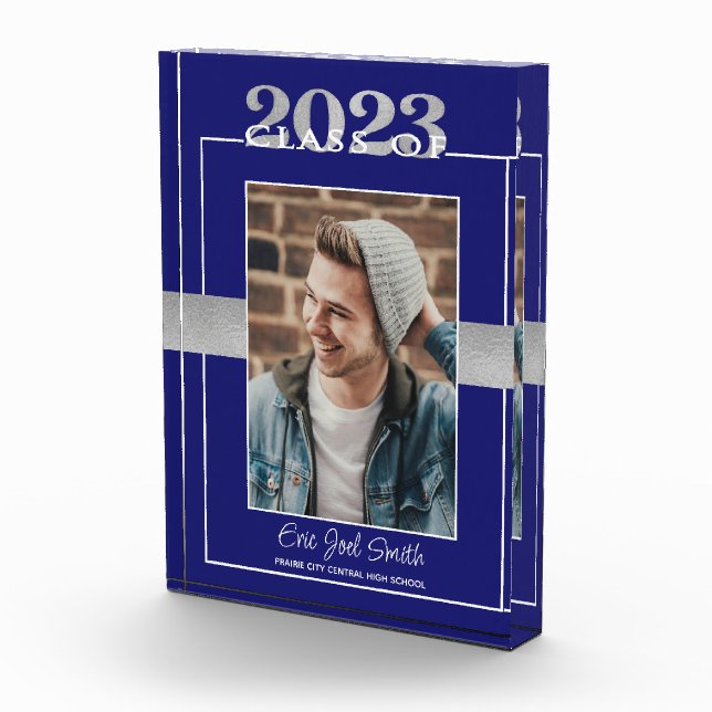 Class of 2023 Blue Silver Graduation Keepsake Photo Block (Right)