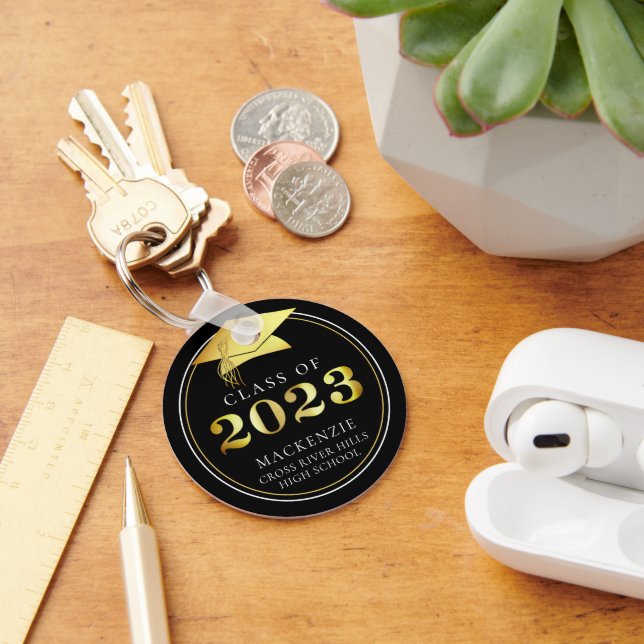 Class of 2023 Elegant Black Gold Personalized Key Ring (Desk)