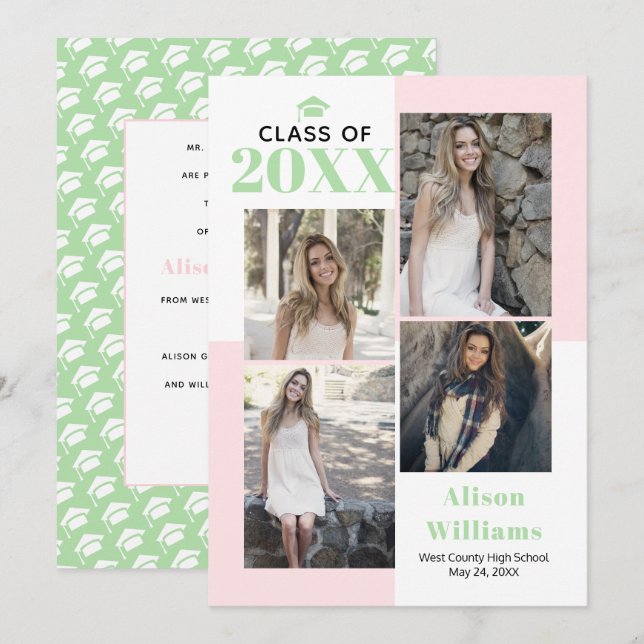Class of 2023 four photos blush, mint graduation   announcement (Front/Back)