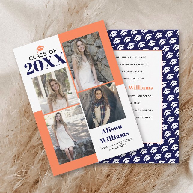 Class of 2023 four photos coral navy graduation announcement (Creator Uploaded)