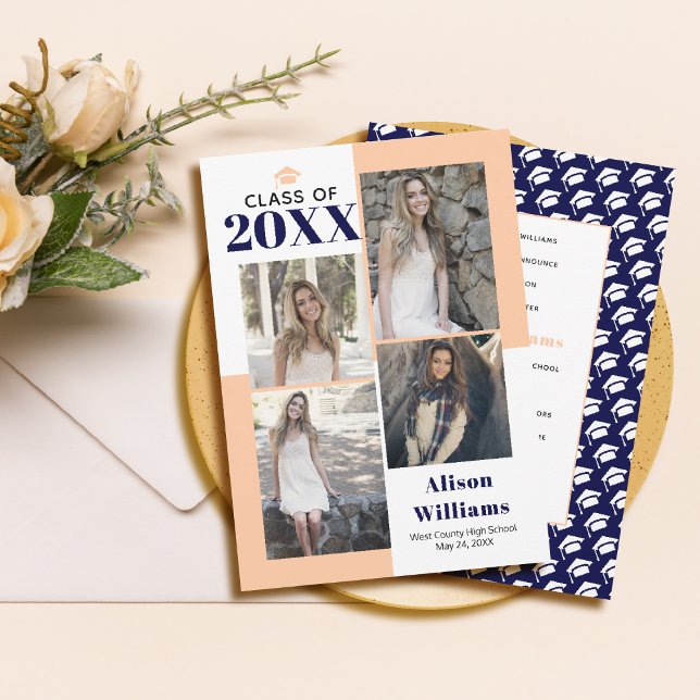 Class of 2023 four photos peach, navy graduation   announcement (Creator Uploaded)