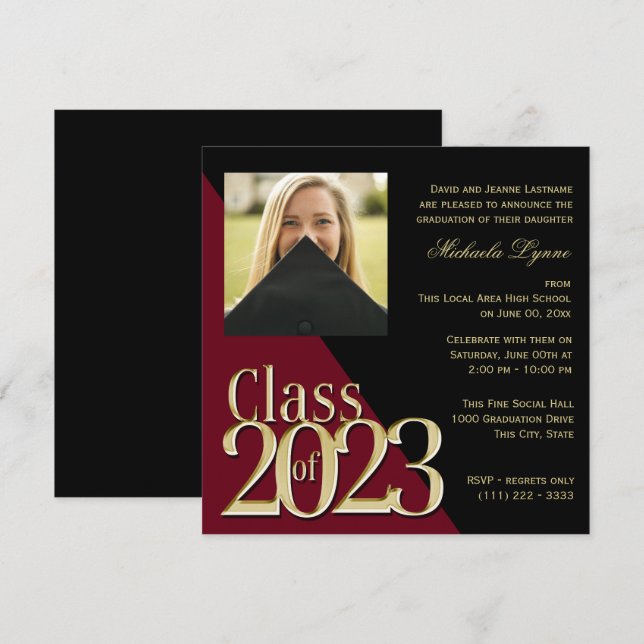 Class of 2023 Grad Gold and Burgundy with Photo  Invitation (Front/Back)