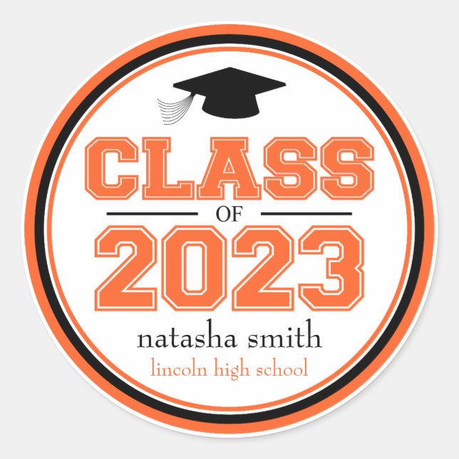 Class Of 2023 Graduation Favour (Orange / Black) Classic Round Sticker (Front)