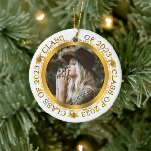 Class of 2023 Graduation Photo White   Gold Ceramic Tree Decoration