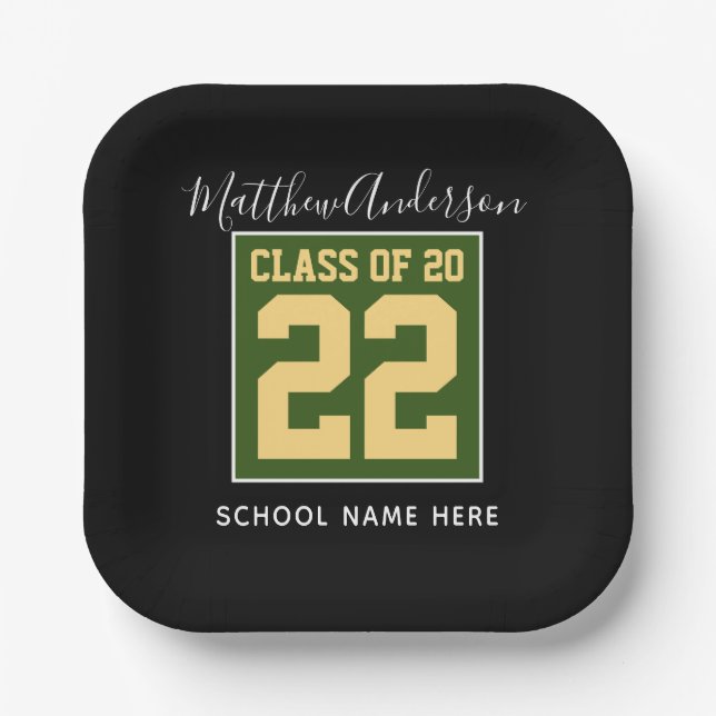 Class of 2023 Modern Green Black & Gold Graduation Paper Plate (Front)