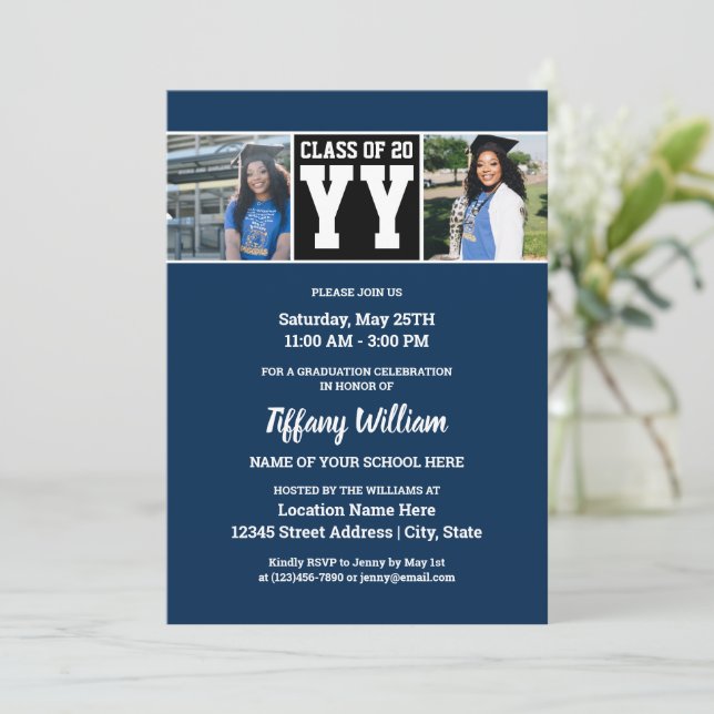 Class of 2023 Navy Blue and Black Graduation Photo Invitation (Standing Front)