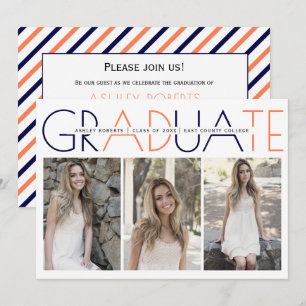 Class of 2023 navy blue, coral graduation photo invitation