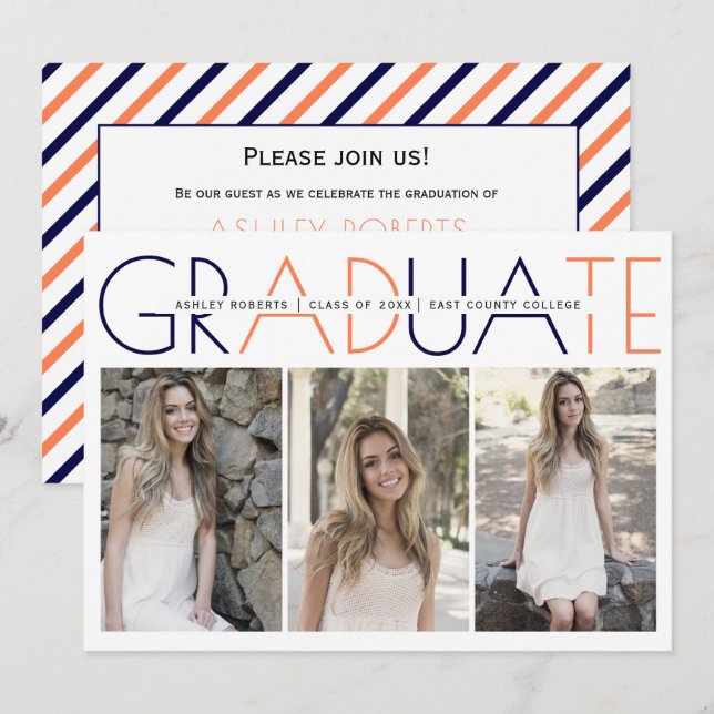 Class of 2023 navy blue, coral graduation photo invitation (Front/Back)