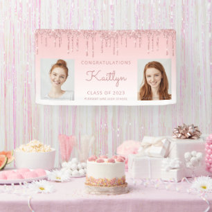 Class of 2023 Pink Glitter Drip 2-Photo Graduation Banner