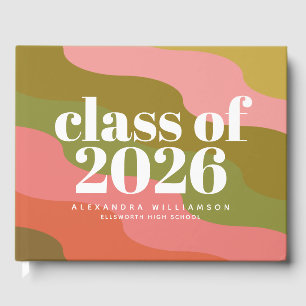 Class of 2023 Retro Groovy Pink and Green Name  Guest Book