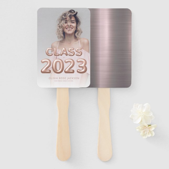 Class of 2023 Rose Gold Balloons Photo Graduation Hand Fan (Front and Back)