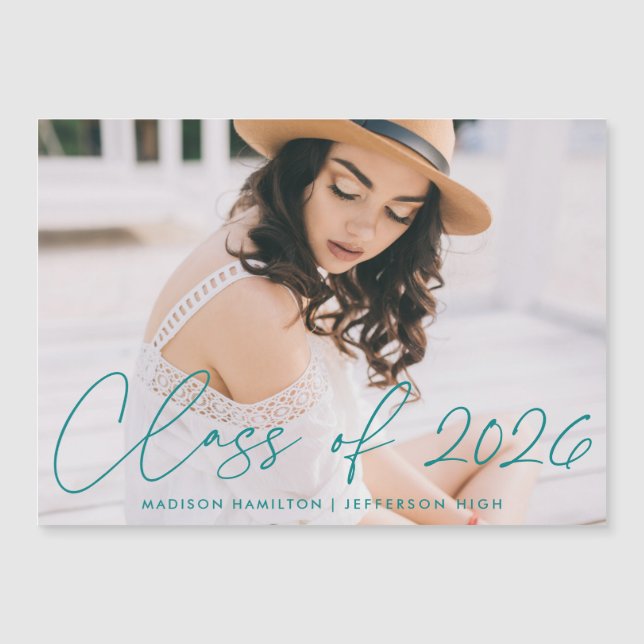 Class of 2023 Teal Script Photo Graduation Magnetic Invitation (Front)