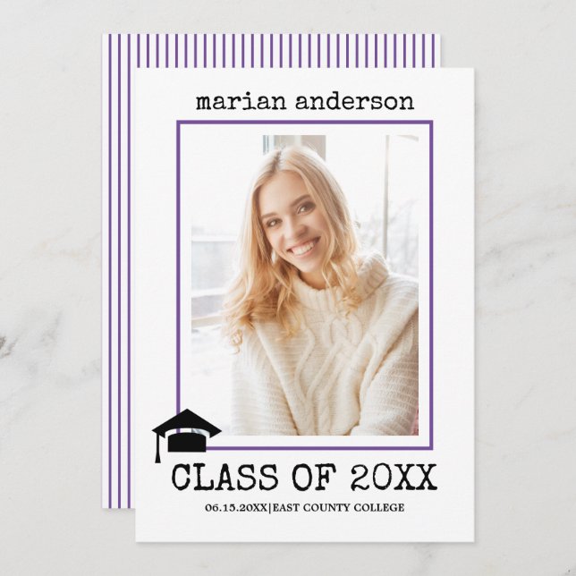 Class of 2023 typewriter purple graduation photo invitation (Front/Back)
