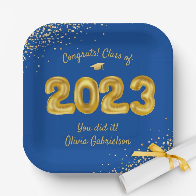 Class of 2024 Balloons, Blue Gold Graduation Party Paper Plate (Creator Uploaded)