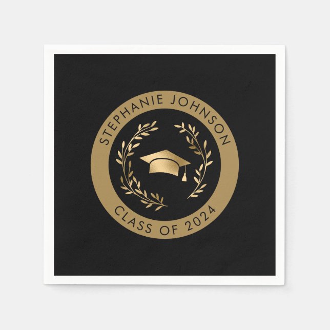 Class of 2024 Black and Gold Graduation Party Napkin (Front)