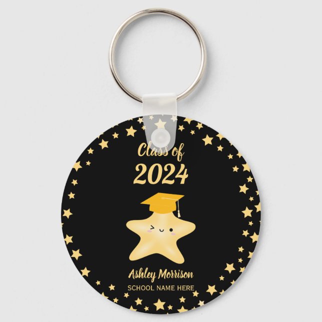 Class of 2024 Black and Gold Super Star Graduation Key Ring (Front)