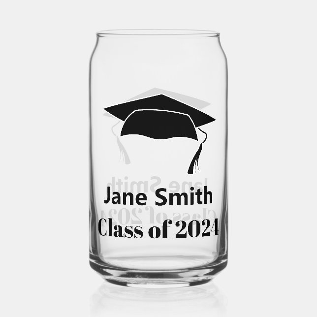 Class of 2024 Black Graduate's Name Text Grad Cap Can Glass (Front)